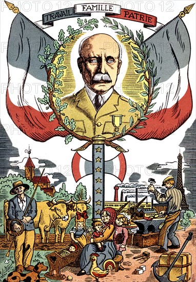 Imagerie en l'honneur du Maréchal Pétain (1856-1951) : "Travail, famille, patrie"