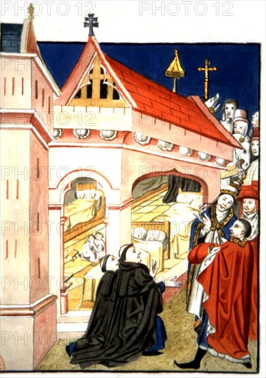 Le pape montrant au duc de Bourgogne l'hôpital de Rome. in "Histoire de l'hôpital du Saint-Esprit de Dijon"