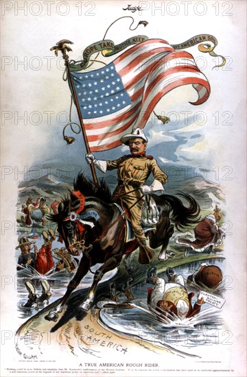 Caricature in "Judge". Théodore Roosevelt et les Rough Riders (1903)