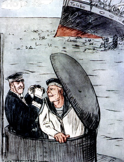Dessin de Louis Raemaekers, le navire Falaba coulé par les Allemands (1914-1918)