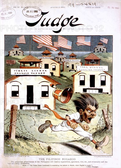 Caricature in "Judge" : Aux Philippines, l'anglais est enseigné dans toutes les écoles (1899)