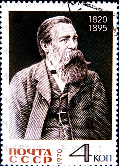 Timbre commémorant le 150ème anniversaire de la naissance d'Engels (1820-1895)