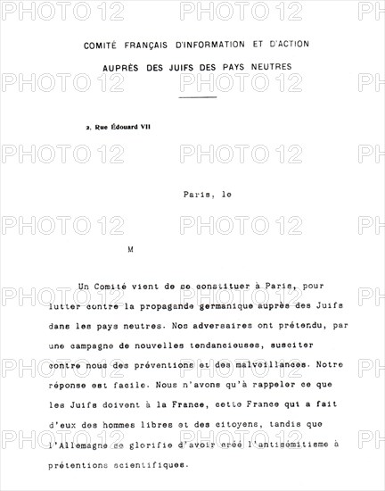 Circulaire à en-tête du Comité français d'information et d'action auprès des juifs des pays neutres