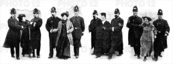 Demonstration of suffragettes in London, arrest of feminists (1907)