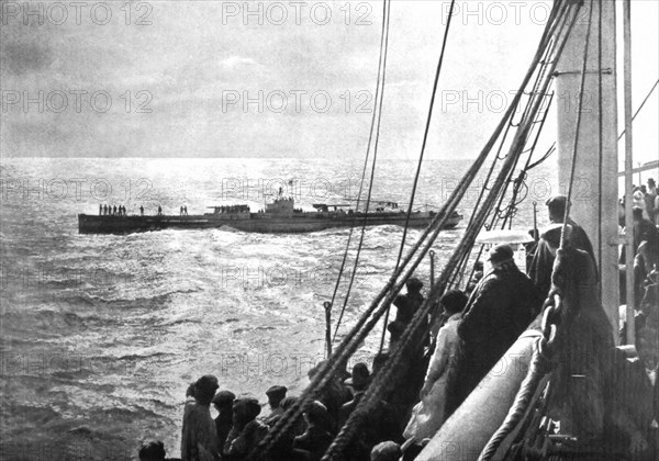 World War I. A German submarine inspecting a Spanish transatlantic liner (1918)