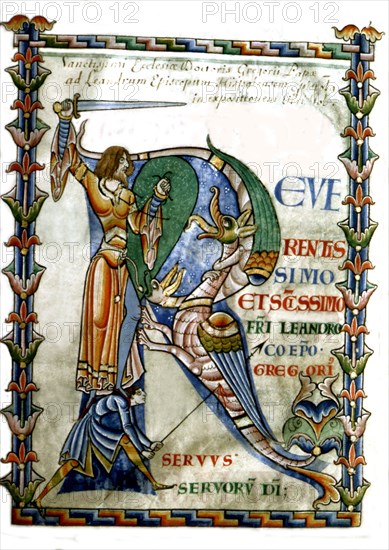 Historiated initial (C.R.) in "Moralia in Job" by Gregory the Great. St George fighting the dragon