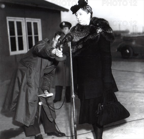 Mrs Roosevelt arriving at Eschbom airport, in Frankfurt, for a 3-day tour in the occupation zone