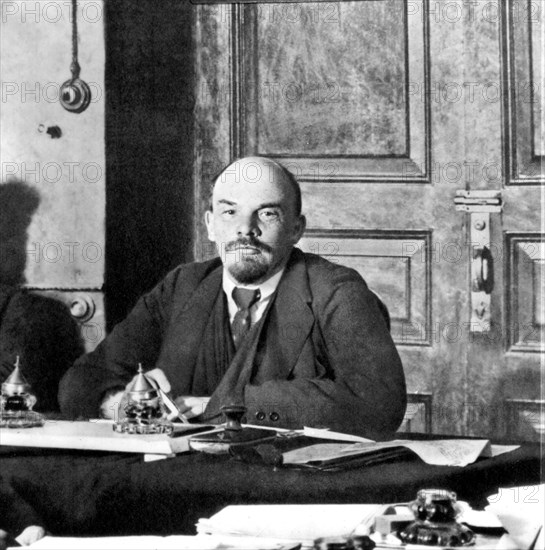 Moscow. Lenin presiding over a meeting of the Council of People's Commissars