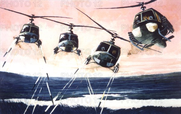 Peinture de Robert Riggs. "Les hélicoptères"