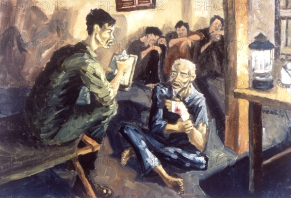 Peinture d'Augustine Acuna. "Interrogatoire à Ben Luc"