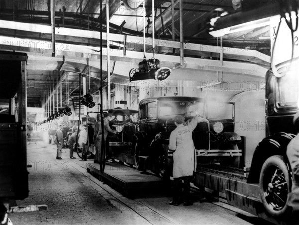 Car production line at the Ford factories, in Detroit