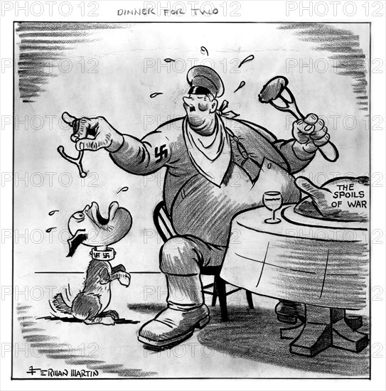 Satirical cartoon by Fernand Martin. Hitler and Mussolini are sharing the spoils of war