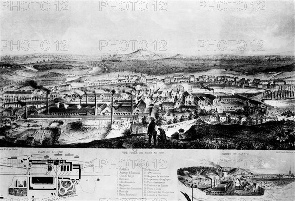 Lithographie de Chalas. Le Creusot. Vue générale. Plan de l'usine et coupe du bassin.