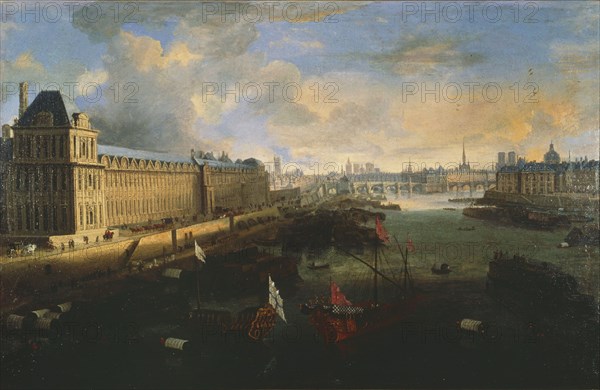 The Great Gallery of the Louvre, la Cité, Pont Neuf and Collège Mazarin around 1670. On the Seine, the royal gallery.