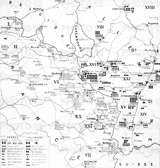 Map of the distribution of troops in France and Germany.