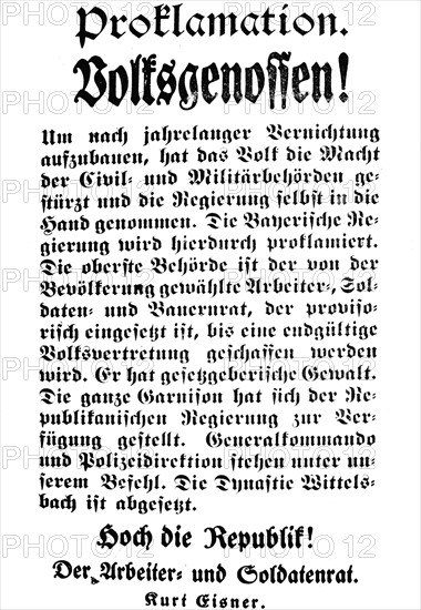 Affiche du 8 novembre 1918. Proclamation de Kurt Eisner pour la République aux soldats et ouvriers.