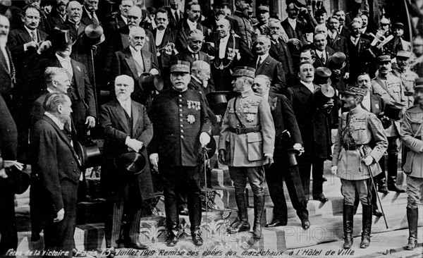 The presentation of swords to Marshal Joffre and Foch during the victory celebrations