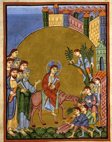 Gospel book from the Reichenau school, Christ entering Jerusalem