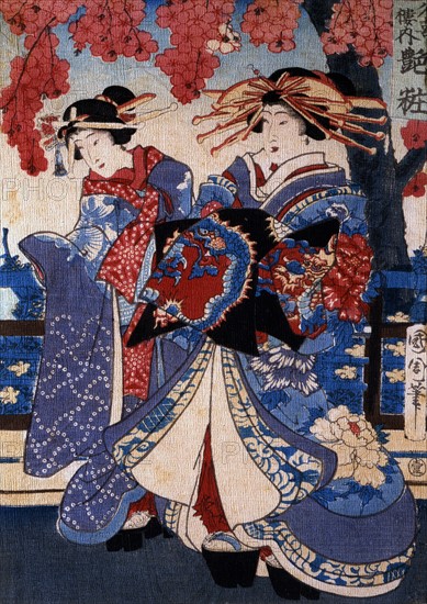 Kunisada, Deux femmes dans un jardin fleuri