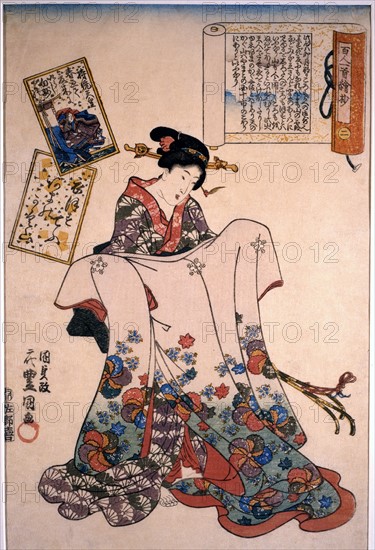 Kunisada, Woman holding and displaying lavish dress