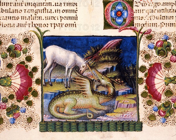 Bible de Borso d'Este, Licorne luttant contre un dragon