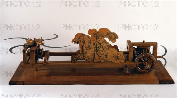 Maquette d'une machine de guerre dessinée par Léonard de Vinci