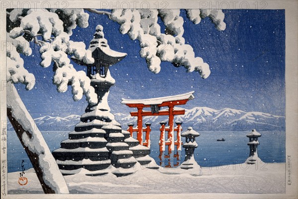 Hasui, The torii of the Itsukushima shrine in the snow