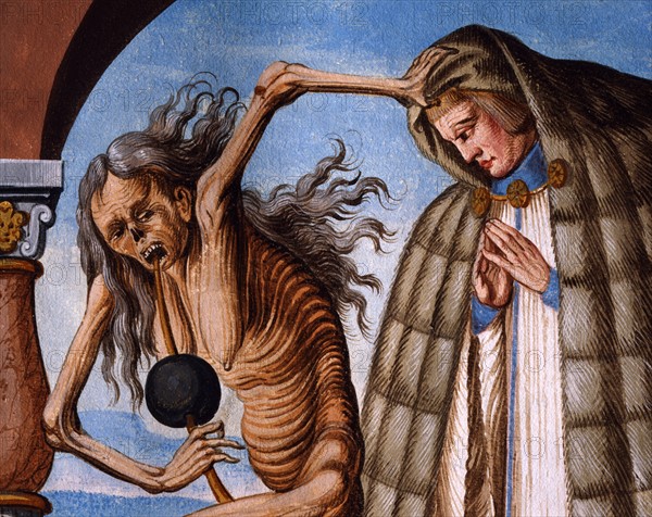 Kauw, La Danse des Morts : la Mort avec le prieur et sa vieille servante (détail)