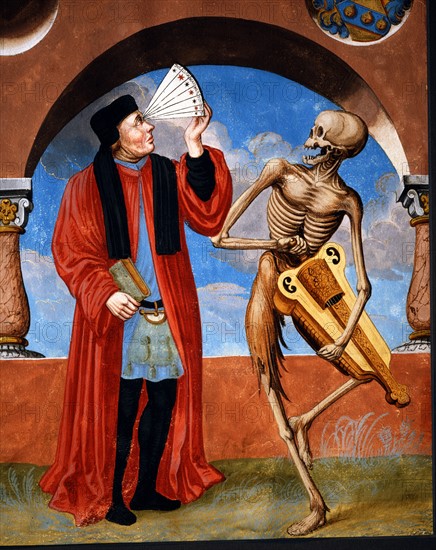 Kauw, La Danse des Morts : la Mort avec le théologien et l'astrologue (détail)