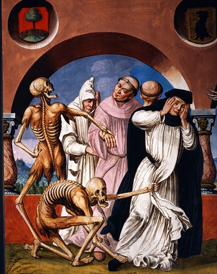 Kauw, La Danse des Morts : la Mort avec des religieux de divers grades, et l'abbesse du monastère (détail)