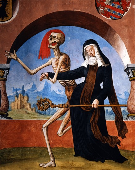 Kauw, La Danse des Morts : la Mort avec des religieux de divers grades, et l'abbesse du monastère (détail)