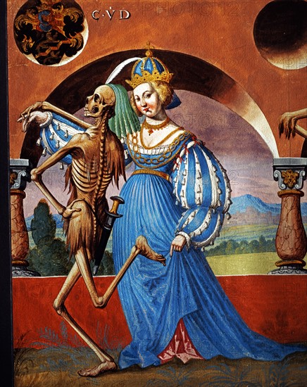 Kauw, The Dance of the Death cycle: Death inviting the Empress to dance and playing a ballad to the Queen (detail)