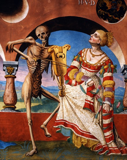 Kauw, The Dance of the Death cycle: Death inviting the Empress to dance and playing a ballad to the Queen (detail)