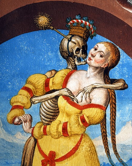 Kauw, La Danse des Morts : la Mort avec la veuve et la jeune fille (détail)