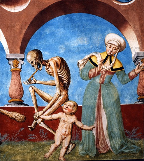 Kauw, The Dance of the Death cycle: Death with the Fool and the Child (detail)