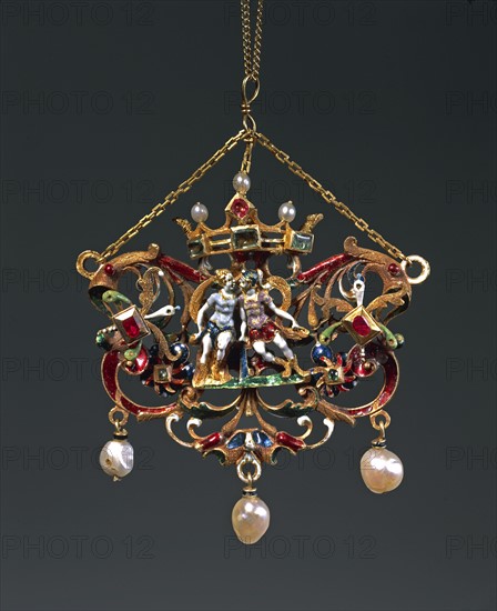 Pendentif : Barque avec deux amoureux sous une tente et figures de la Commedia dell'Arte