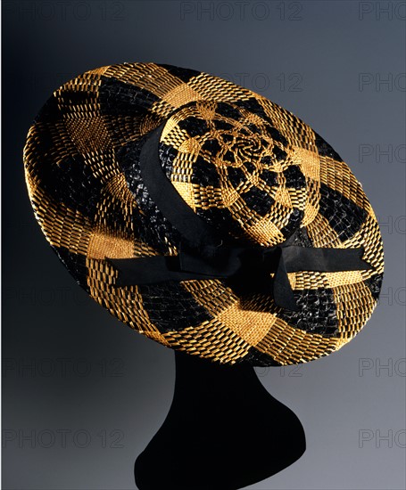 Chapeau "Pamela" en paille tressée noire et beige