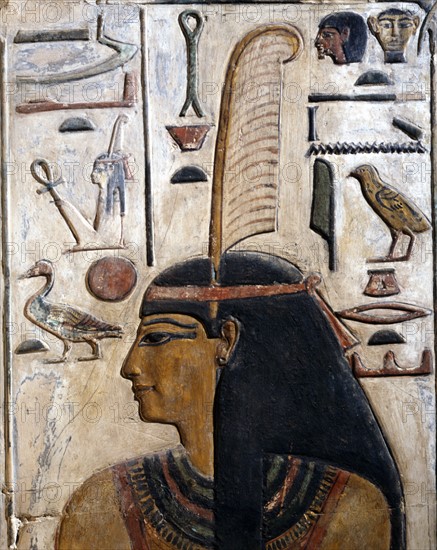 Detail of painted stucco relief depicting the goddess Maat