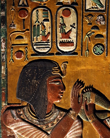 Painted stucco relief of the Pharaoh Seti I's tomb in the Valley of the Kings in Thebes: Detail