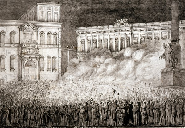 Le Pape Pie IX accorde l'amnistie le 17 juillet 1846. Grande fête sur la place du Quirinale à Rome