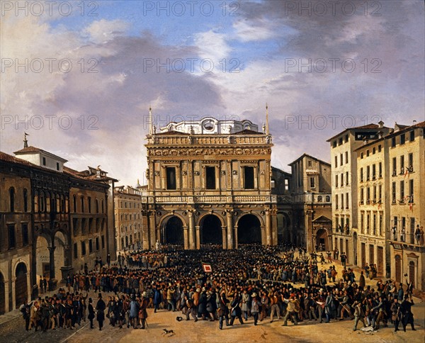 Les dix jours de Brescia. Le peuple réuni Place de la Loggia, le 23 mars 1849