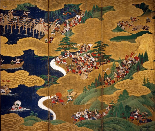 Paravent japonais représentant la guerre de Genpei