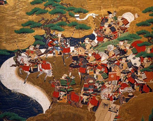 Paravent japonais représentant la guerre de Genpei (détail)