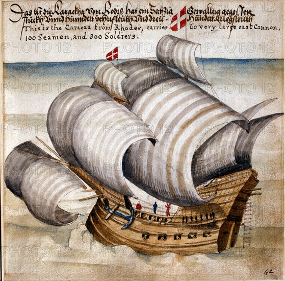 Large caraque of the Rhodes navy, with 100 sailors and 200 soldiers on board