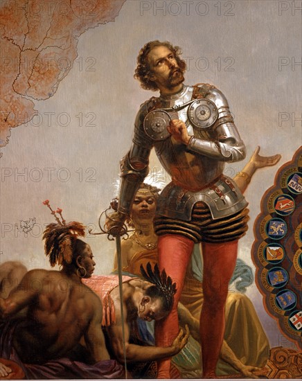 The American Indians pay tribute to Conqueror Hernan Cortes