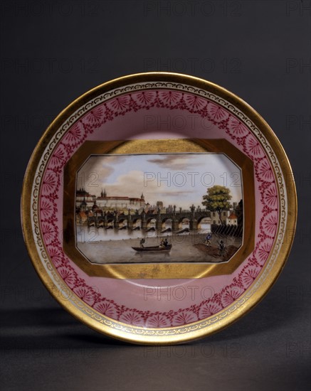 Schlaggenwald manufactory, saucer decorated with a landscape