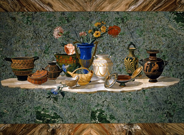 Table top in hard stone marquetry decorated with a composition of antique vases