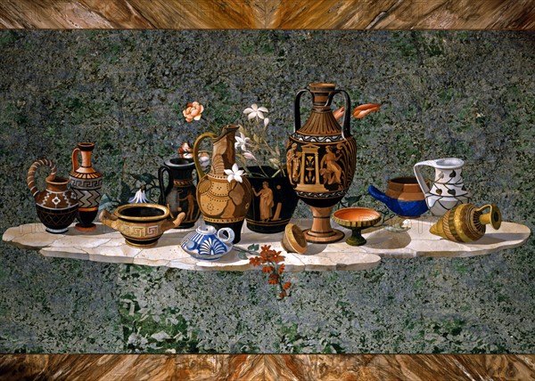 Table top in hard stone marquetry decorated with a composition of antique vases