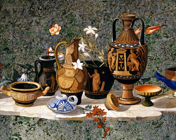 Table top in hard stone marquetry decorated with a composition of antique vases