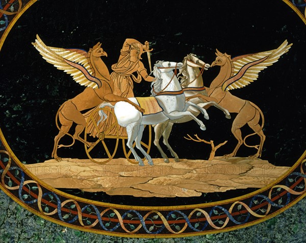 Table top in marquetry of hard stones, decorated with a warrior on his chariot fighting against two chimeras